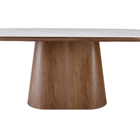 MESA COMEDOR TAPA OVALADA 200*90*75CM, TAPA PORCELANICO BLANCO, PIE CHAPA NOGAL