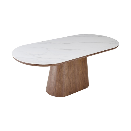 MESA COMEDOR TAPA OVALADA 200*90*75CM, TAPA PORCELANICO BLANCO, PIE CHAPA NOGAL