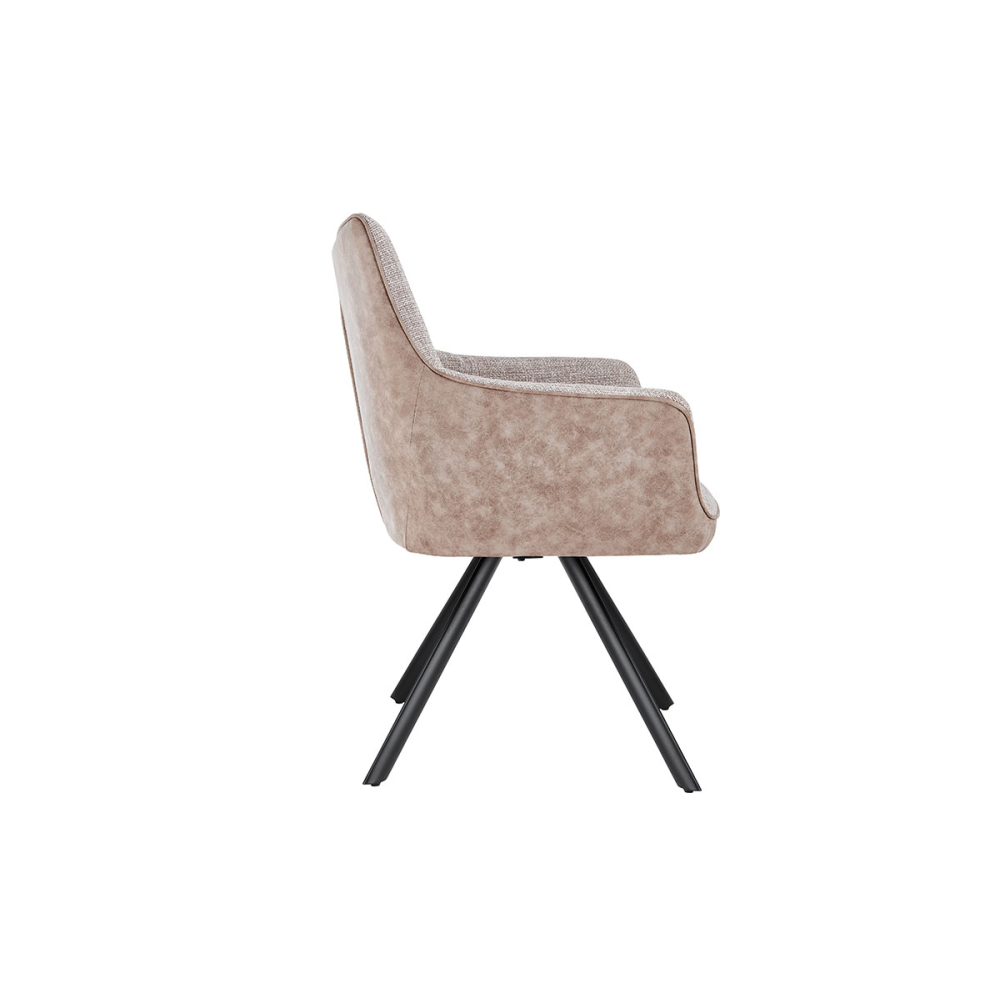 SILLON LEIA, ASIENTO GIRATORIO 360º CON RETORNO. TAPIZADO BEIGE Y MARRON TIERRA ANTIMANCHAS, PATAS METAL NEGRO