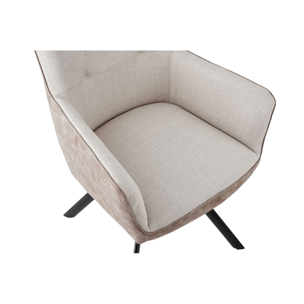 SILLON LEIA, ASIENTO GIRATORIO 360º CON RETORNO. TAPIZADO BEIGE CLARO Y MARRON TIERRA ANTIMANCHAS, PATAS METAL NEGRO