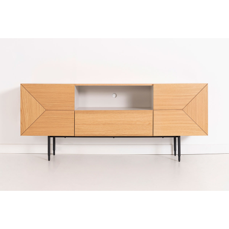 MUEBLE TV KALMAR. CHAPA DE ROBLE NATURAL Y MELAMINA AQUAMARINA.
PATAS METAL NEGRO.