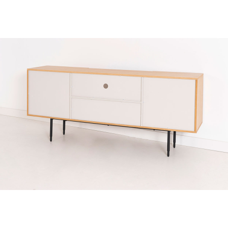 MUEBLE TV KALMAR. CHAPA DE ROBLE NATURAL Y MELAMINA AQUAMARINA.
PATAS METAL NEGRO.