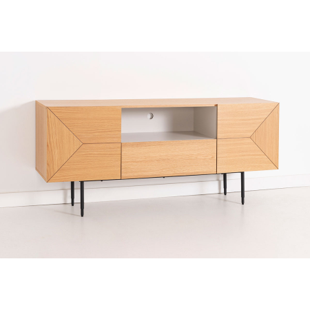 MUEBLE TV KALMAR. CHAPA DE ROBLE NATURAL Y MELAMINA AQUAMARINA.
PATAS METAL NEGRO.