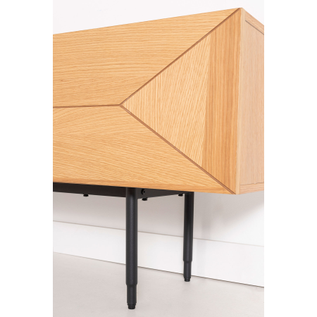 MUEBLE TV KALMAR. CHAPA DE ROBLE NATURAL Y MELAMINA AQUAMARINA.
PATAS METAL NEGRO.