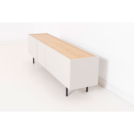 MUEBLE TV POL. 
LACADO GRIS PIEDRA Y CHAPA DE ROBLE. PATAS METAL
NEGRO