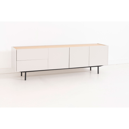 MUEBLE TV POL. 
LACADO GRIS PIEDRA Y CHAPA DE ROBLE. PATAS METAL
NEGRO