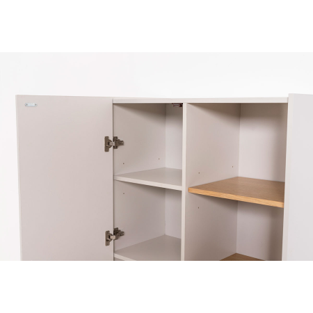 VITRINA POL. LACADO GRIS PIEDRA Y CHAPA DE ROBLE. PATAS METAL NEGRO