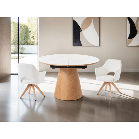 MESA COMEDOR 120*120 CM, EXTENSIBLE A 160*120 CM. TAPA PORCELANICO BLANCO, PIE CHAPA ROBLE. ALTURA 76 CM