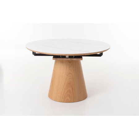 MESA COMEDOR 120*120 CM, EXTENSIBLE A 160*120 CM. TAPA PORCELANICO BLANCO, PIE CHAPA ROBLE. ALTURA 76 CM