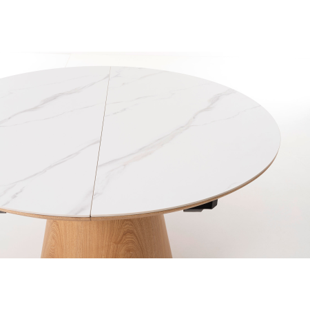 MESA COMEDOR 120*120 CM, EXTENSIBLE A 160*120 CM. TAPA PORCELANICO BLANCO, PIE CHAPA ROBLE. ALTURA 76 CM