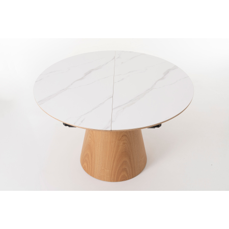 MESA COMEDOR 120*120 CM, EXTENSIBLE A 160*120 CM. TAPA PORCELANICO BLANCO, PIE CHAPA ROBLE. ALTURA 76 CM