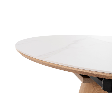 MESA COMEDOR 120*120 CM, EXTENSIBLE A 160*120 CM. TAPA PORCELANICO BLANCO, PIE CHAPA ROBLE. ALTURA 76 CM