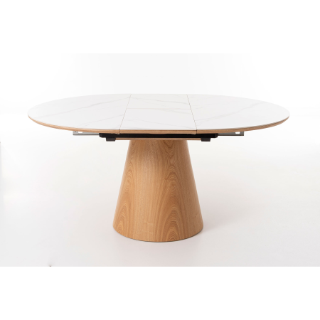 MESA COMEDOR 120*120 CM, EXTENSIBLE A 160*120 CM. TAPA PORCELANICO BLANCO, PIE CHAPA ROBLE. ALTURA 76 CM