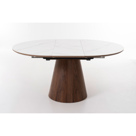 MESA COMEDOR 120*120 CM, EXTENSIBLE A 160*120 CM. TAPA PORCELANICO BLANCO, PIE CHAPA NOGAL. ALTURA 76 CM