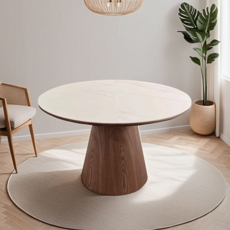 MESA COMEDOR REDONDA 120 CM. TAPA PORCELANICO BLANCO, PIE CHAPA NOGAL. ALTURA 76 CM