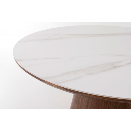 MESA COMEDOR REDONDA 120 CM. TAPA PORCELANICO BLANCO, PIE CHAPA NOGAL. ALTURA 76 CM