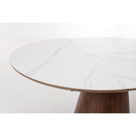 MESA COMEDOR REDONDA 120 CM. TAPA PORCELANICO BLANCO, PIE CHAPA NOGAL. ALTURA 76 CM