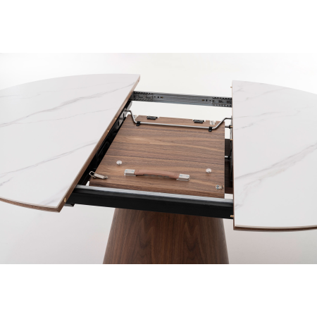 MESA COMEDOR REDONDA 120 CM. TAPA PORCELANICO BLANCO, PIE CHAPA NOGAL. ALTURA 76 CM