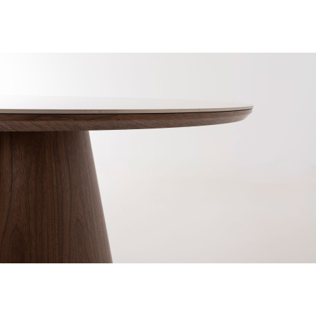 MESA COMEDOR REDONDA 120 CM. TAPA PORCELANICO BLANCO, PIE CHAPA NOGAL. ALTURA 76 CM