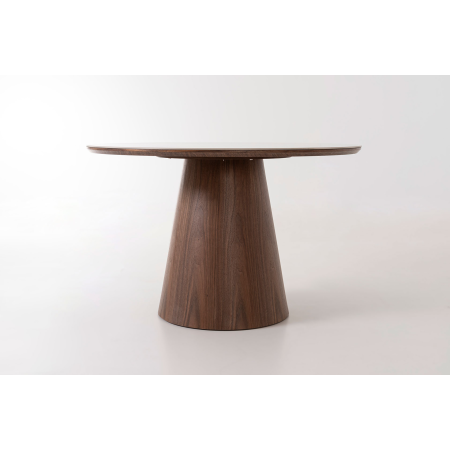 MESA COMEDOR REDONDA 120 CM. TAPA PORCELANICO BLANCO, PIE CHAPA NOGAL. ALTURA 76 CM