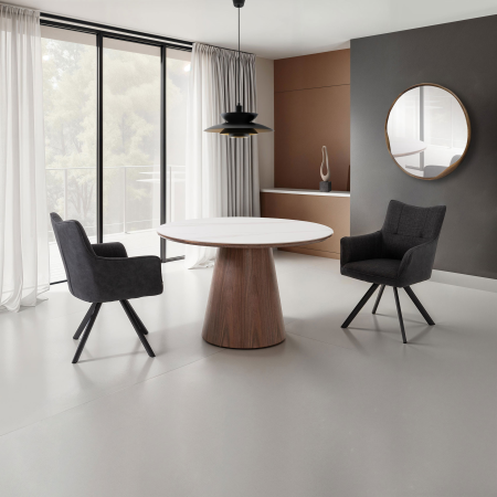 MESA COMEDOR REDONDA 120 CM. TAPA PORCELANICO BLANCO, PIE CHAPA NOGAL. ALTURA 76 CM