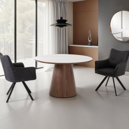 MESA COMEDOR REDONDA 120 CM. TAPA PORCELANICO BLANCO, PIE CHAPA NOGAL. ALTURA 76 CM