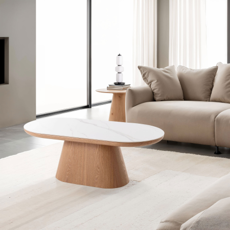 MESA CENTRO SOFA 120*45*60 CM. TAPA PORCELANICO BLANCO, PIE CHAPA ROBLE