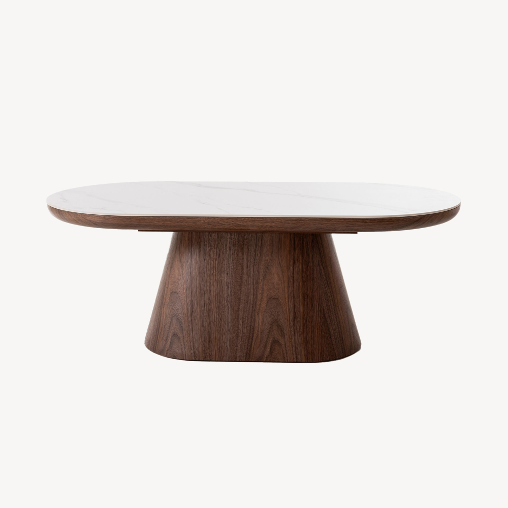 MESA CENTRO SOFA 120*45*60 CM. TAPA PORCELANICO BLANCO, PIE CHAPA NOGAL