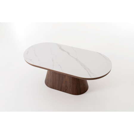 MESA CENTRO SOFA 120*45*60 CM. TAPA PORCELANICO BLANCO, PIE CHAPA NOGAL