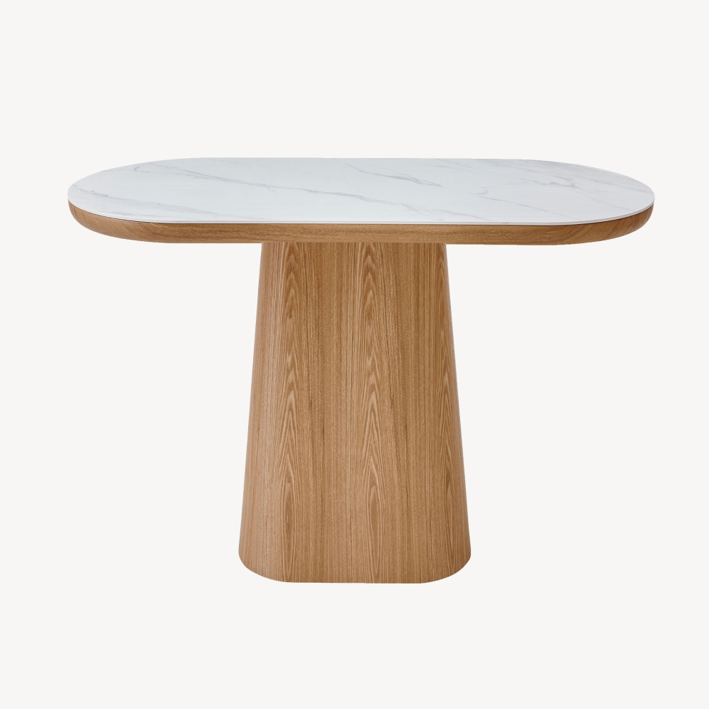 CONSOLA 120*80*40 CM. TAPA PORCELANICO BLANCO, PIE CHAPA MADERA ROBLE