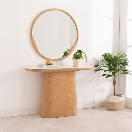 CONSOLA 120*80*40 CM. TAPA PORCELANICO BLANCO, PIE CHAPA MADERA ROBLE