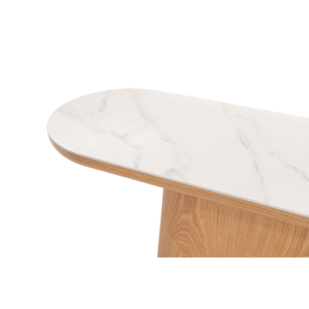 CONSOLA 120*80*40 CM. TAPA PORCELANICO BLANCO, PIE CHAPA MADERA ROBLE