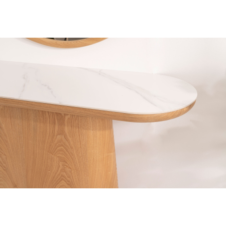 CONSOLA 120*80*40 CM. TAPA PORCELANICO BLANCO, PIE CHAPA MADERA ROBLE
