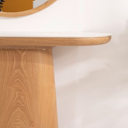 CONSOLA 120*80*40 CM. TAPA PORCELANICO BLANCO, PIE CHAPA MADERA ROBLE