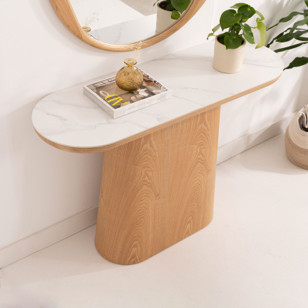 CONSOLA 120*80*40 CM. TAPA PORCELANICO BLANCO, PIE CHAPA MADERA ROBLE