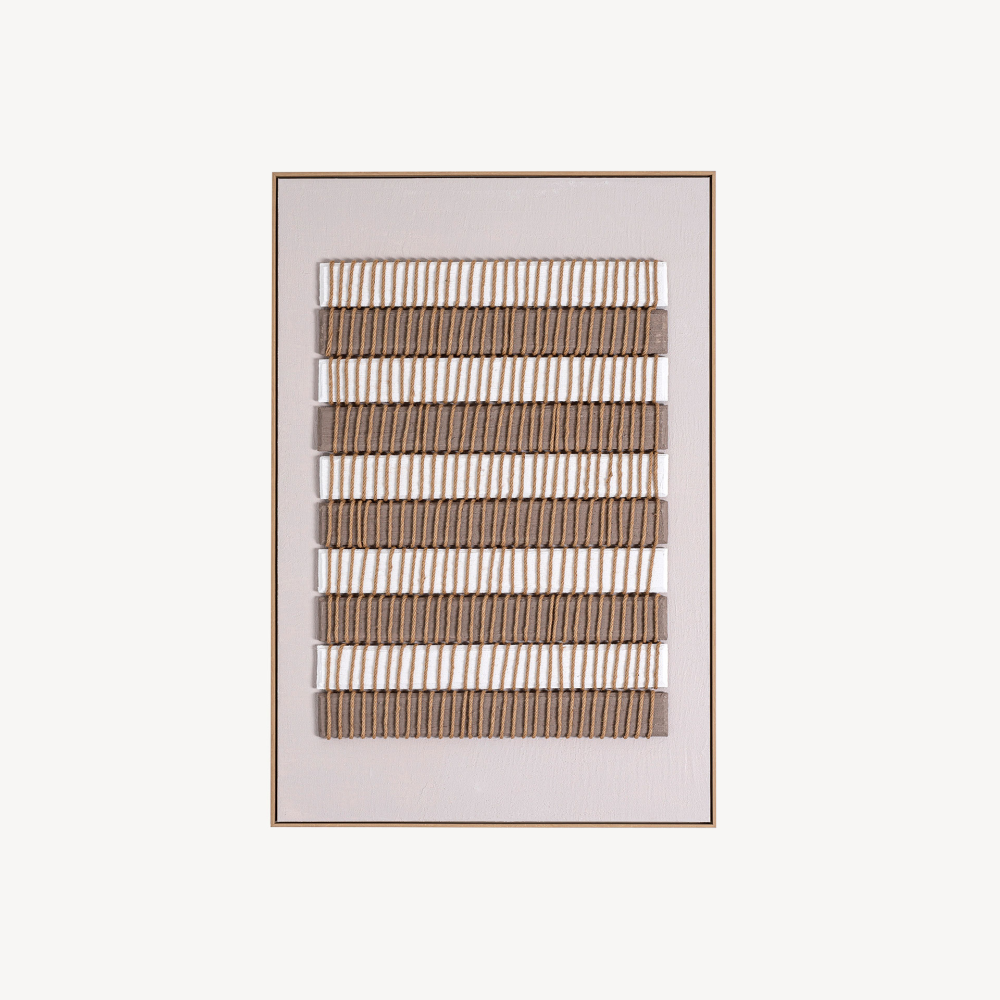 CUADRO OLEO 80*120 CM. MARCO BLANCO, FONDO RAYAS BEIGE