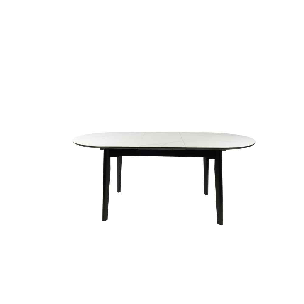 MESA EXTENSIBLE OVALADA 140/180*85*76 CM, TAPA PORCELANICO BLANCO Y BASE METAL NEGRO