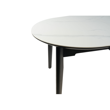 MESA EXTENSIBLE OVALADA 140/180*85*76 CM, TAPA PORCELANICO BLANCO Y BASE METAL NEGRO