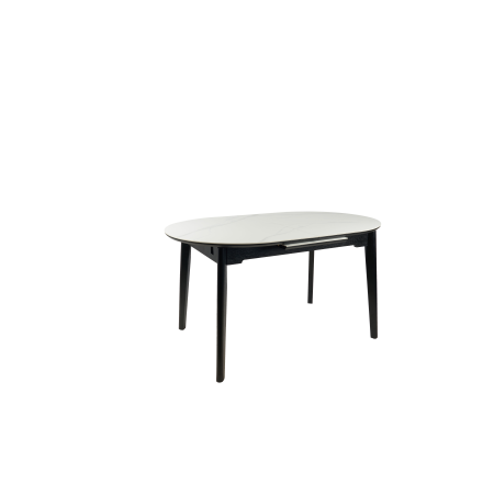 MESA EXTENSIBLE OVALADA 140/180*85*76 CM, TAPA PORCELANICO BLANCO Y BASE METAL NEGRO