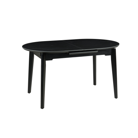 MESA EXTENSIBLE OVALADA 140/180*85*76 CM, TAPA PORCELANICO NEGRO Y BASE METAL NEGRO