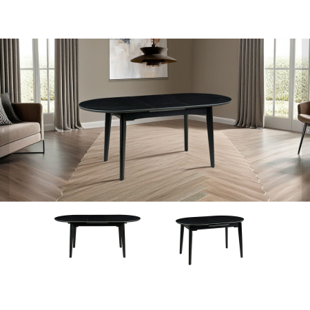 MESA EXTENSIBLE OVALADA 140/180*85*76 CM, TAPA PORCELANICO NEGRO Y BASE METAL NEGRO