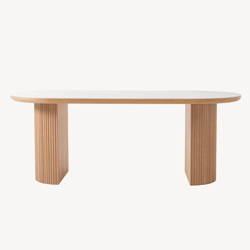 MESA COMEDOR OVALADA 200*90*76CM, TAPA PORCELANICO BLANCO, PIE CHAPA ROBLE CON PALILLERIA