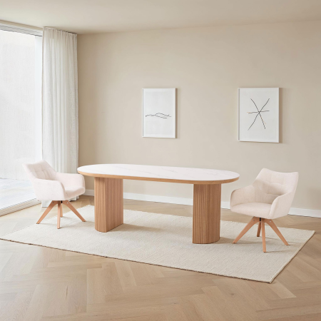 MESA COMEDOR OVALADA 200*90*76CM, TAPA PORCELANICO BLANCO, PIE CHAPA ROBLE CON PALILLERIA