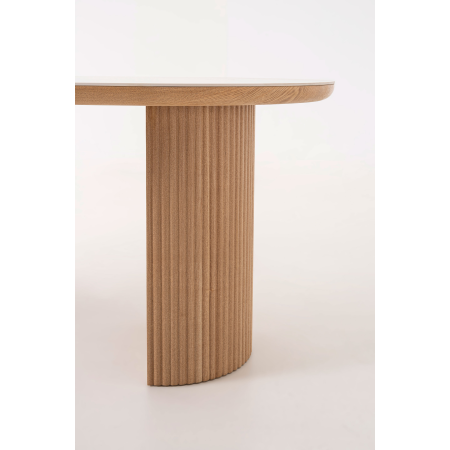 MESA COMEDOR OVALADA 200*90*76CM, TAPA PORCELANICO BLANCO, PIE CHAPA ROBLE CON PALILLERIA