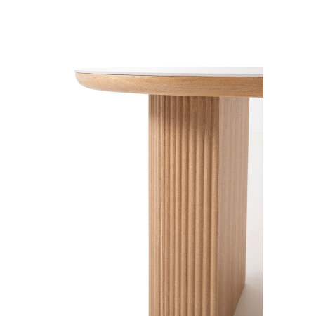 MESA COMEDOR OVALADA 200*90*76CM, TAPA PORCELANICO BLANCO, PIE CHAPA ROBLE CON PALILLERIA