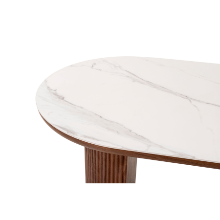 MESA COMEDOR OVALADA 200*90*76CM, TAPA PORCELANICO BLANCO, PIE CHAPA NOGAL CON PALILLERIA