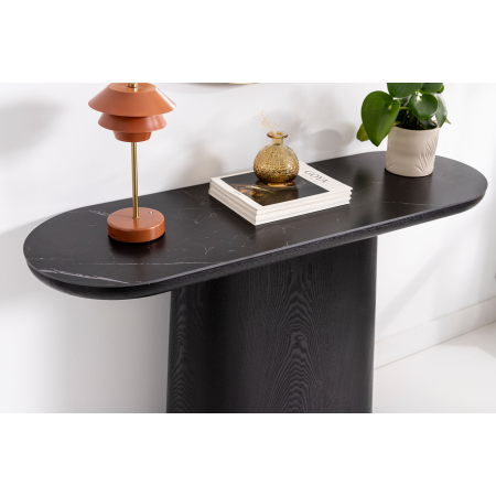 CONSOLA 120*80*40 CM. TAPA PORCELANICO NEGRO, PIE CHAPA MADERA ROBLE NEGRO