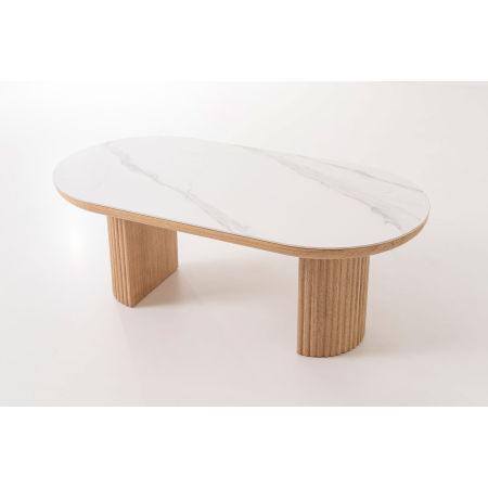 MESA CENTRO SOFA 120*45*60 CM. TAPA PORCELANICO BLANCO, PIE CHAPA ROBLE CON PALILLERIA