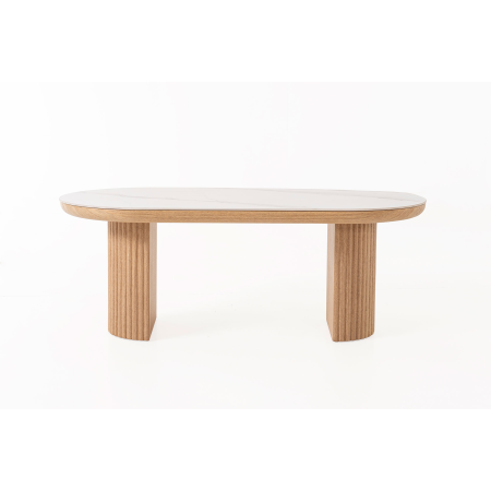 MESA CENTRO SOFA 120*45*60 CM. TAPA PORCELANICO BLANCO, PIE CHAPA ROBLE CON PALILLERIA