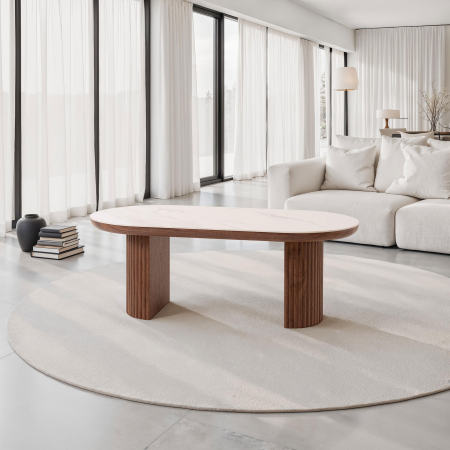 MESA CENTRO SOFA 120*45*60 CM. TAPA PORCELANICO BLANCO, PIE CHAPA NOGAL CON PALILLERIA